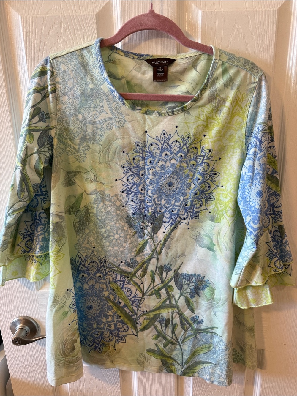 Multiples Green & Blue Floral Mandala 3/4 Sleeve Top